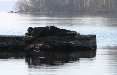 Eoin shows his dedication here as he lies on a frosty pier on a cold morning as we try to re-create the scene from the film Ladyhawke where the hawk flies low over the water!