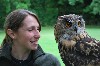 A great photo of brilliant Laura with Dingle our Eagle Owl, as captured by Marsha Thomas during her recent Hawk Walk with us.