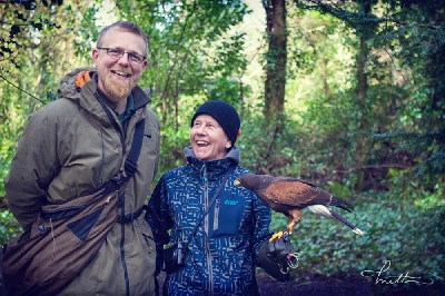 Thank you to Mette Ottosson for this great photo of her Mum, Meta, flying Joyce with Ed recently. Meta is currently translating the wonderful book \'H is for Hawk\' into Swedish.